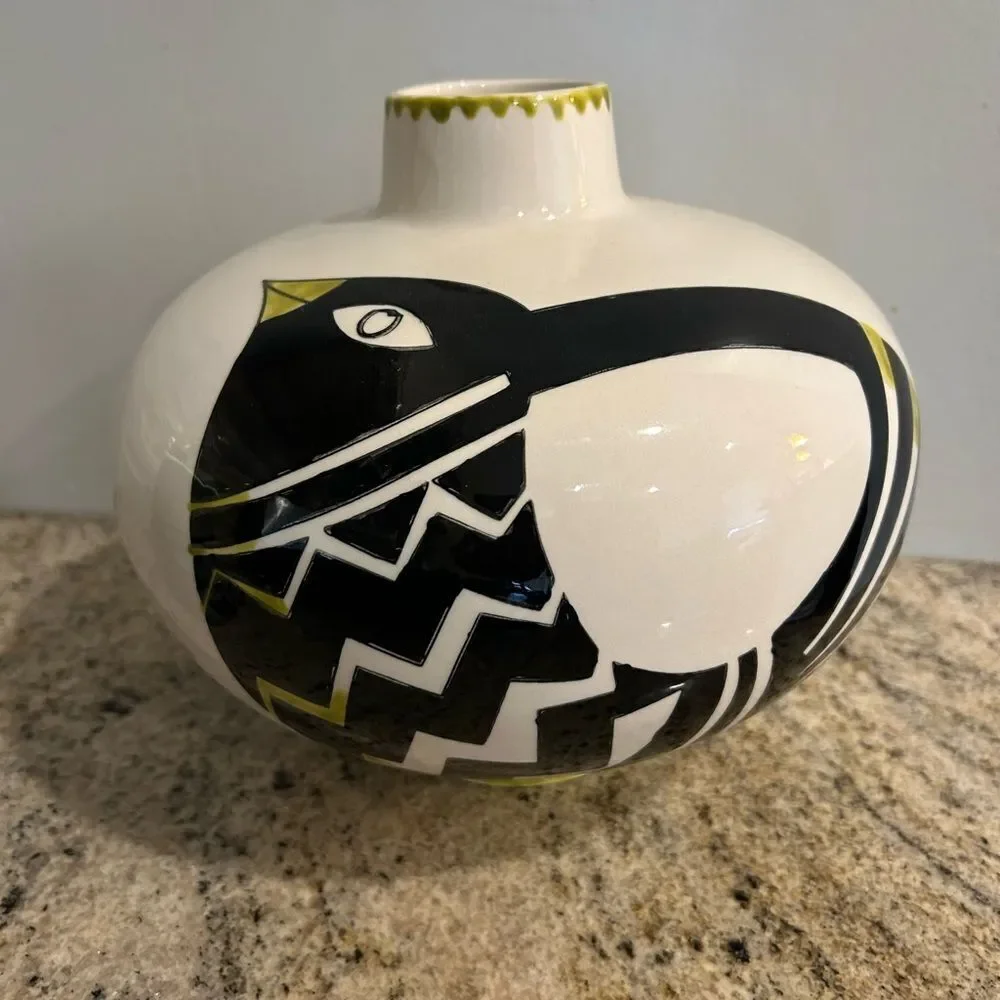West Elm Vase Black Peruvian Bird Art Modern 10” wide